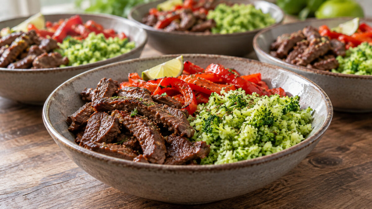 Rindfleisch-Paprika-Bowl mit Brokkolireis