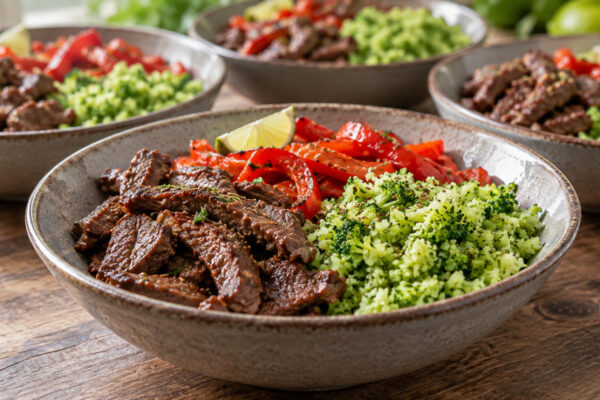 Rindfleisch-Paprika-Bowl mit Brokkolireis