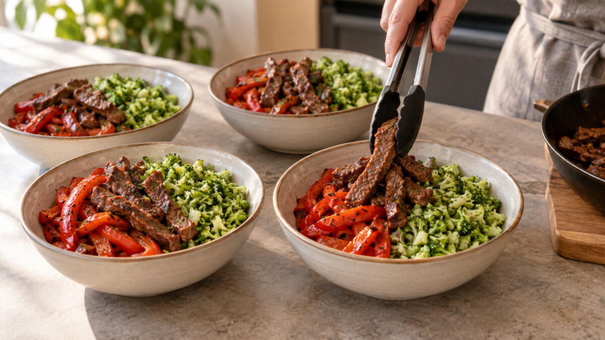 Rindfleisch-Paprika-Bowl mit Brokkolireis