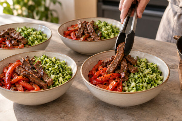 Rindfleisch-Paprika-Bowl mit Brokkolireis