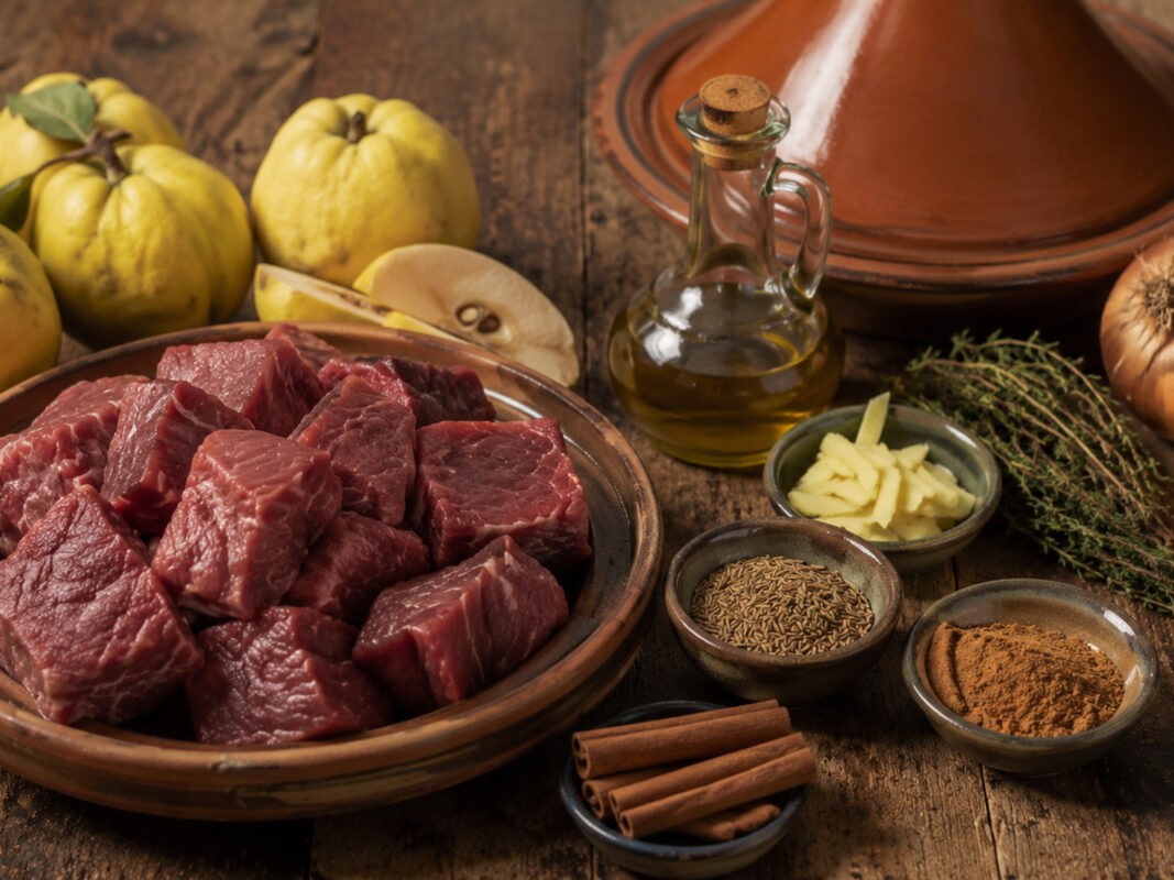 Zutaten- und Vorbereitungsansicht mit Rindfleischwürfeln, Quitten, Zwiebeln, Olivenöl, Brühe, Zimt, Kreuzkümmel, Ingwer und Kräutern neben der Terrakotta-Tajine.