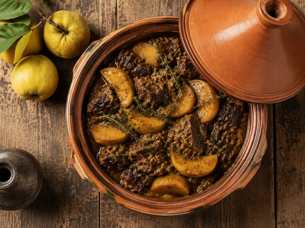 Draufsicht auf die fertige Rindfleisch-Tajine mit zart geschmortem Rindfleisch, goldenen Quittenspalten und Kräutern im Terrakotta-Gefäß.
