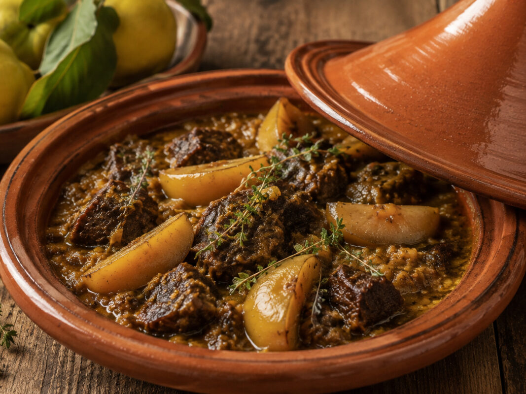 Nahe Servieransicht der fertigen Rindfleisch-Tajine mit Quitten und Kräutern im geöffneten Terrakotta-Gefäß.
