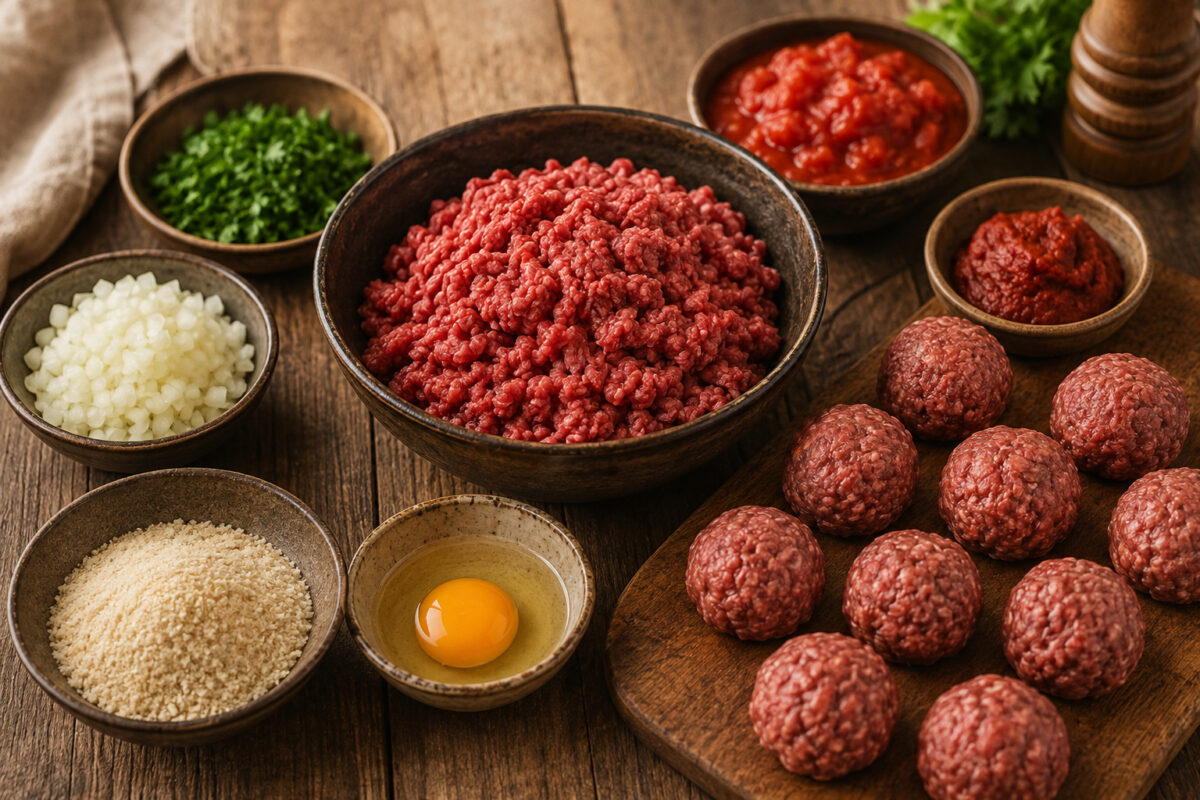 Vorbereitungsansicht mit Rinderhackfleisch, Ei, Semmelbröseln, Zwiebel, Tomaten, Tomatenmark und Petersilie sowie geformten rohen Bällchen.