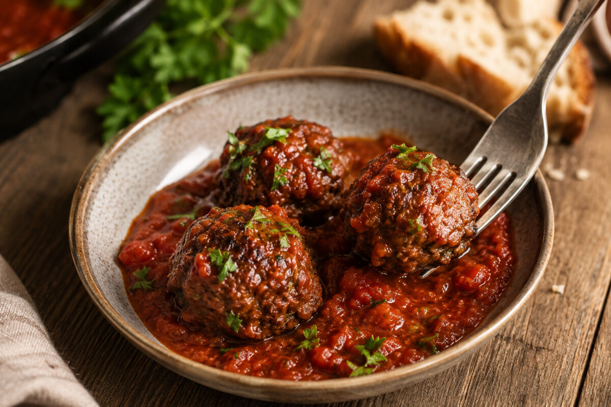 Portions- und Detailansicht fertiger Rindfleischbällchen in Tomatensoße auf rustikalem Teller.