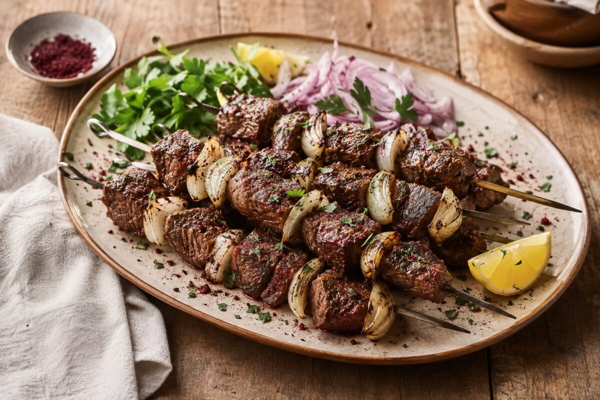 Große ovale Platte mit gegrillten Rindfleischspießen, gebräunten Zwiebeln, Sumach, Kräutern und Zitronenspalten.