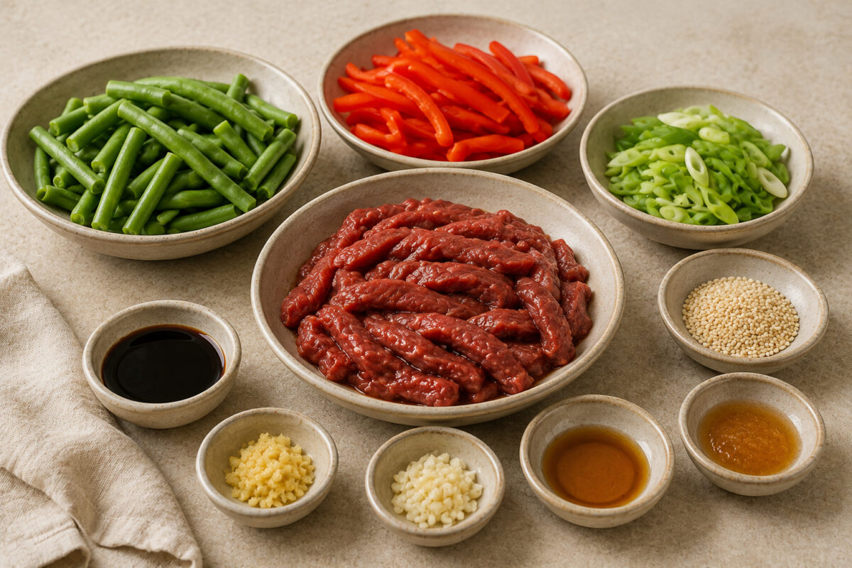 Zutaten- und Vorbereitungsansicht mit Rindfleischstreifen, grünen Bohnen, roter Paprika, Frühlingszwiebeln, Sesam, Sojasauce, Ingwer, Knoblauch, Öl und Honig.