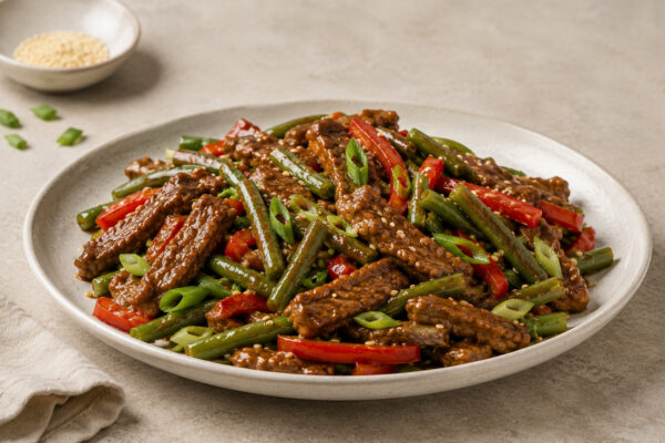 Fertiges Gericht aus deutlich niedrigerer, seitlicher Perspektive mit Rindfleischstreifen, Bohnen, Paprika, Frühlingszwiebeln und Sesam.