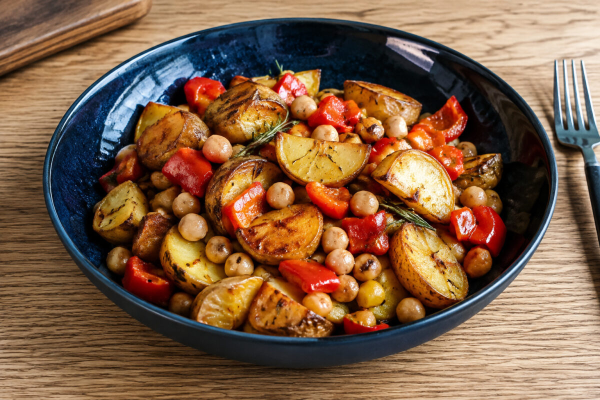 Hauptansicht des fertigen Gerichts. Rezept: Rosmarin-Kartoffeln mit Kichererbsen und Paprika