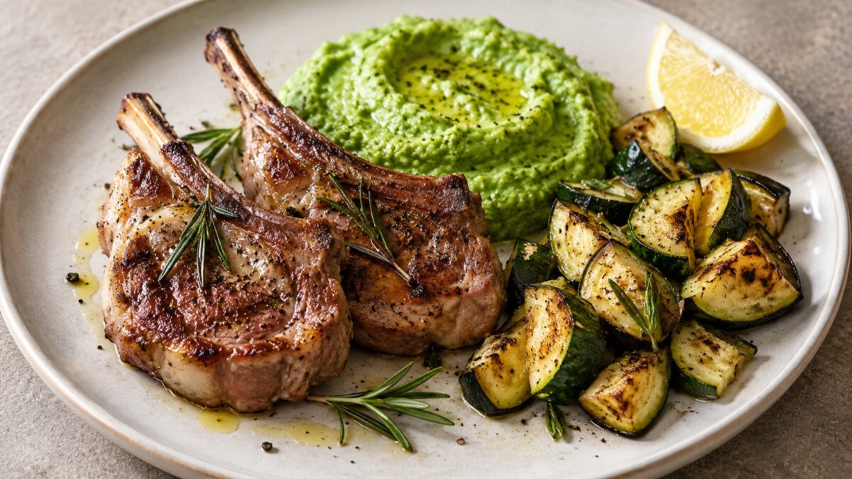 Rosmarin-Lammkoteletts mit Brokkolicreme und Ofenzucchini