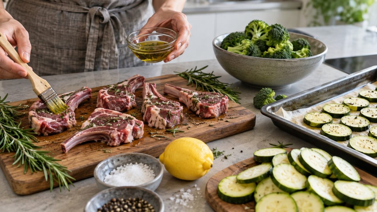 Rosmarin-Lammkoteletts mit Brokkolicreme und Ofenzucchini