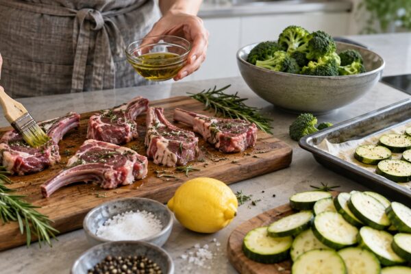 Rosmarin-Lammkoteletts mit Brokkolicreme und Ofenzucchini