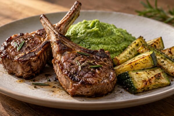 Rosmarin-Lammkoteletts mit Brokkolicreme und Ofenzucchini