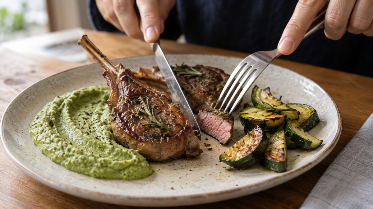 Rosmarin-Lammkoteletts mit Brokkolicreme und Ofenzucchini