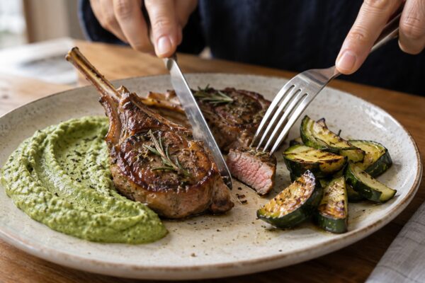 Rosmarin-Lammkoteletts mit Brokkolicreme und Ofenzucchini