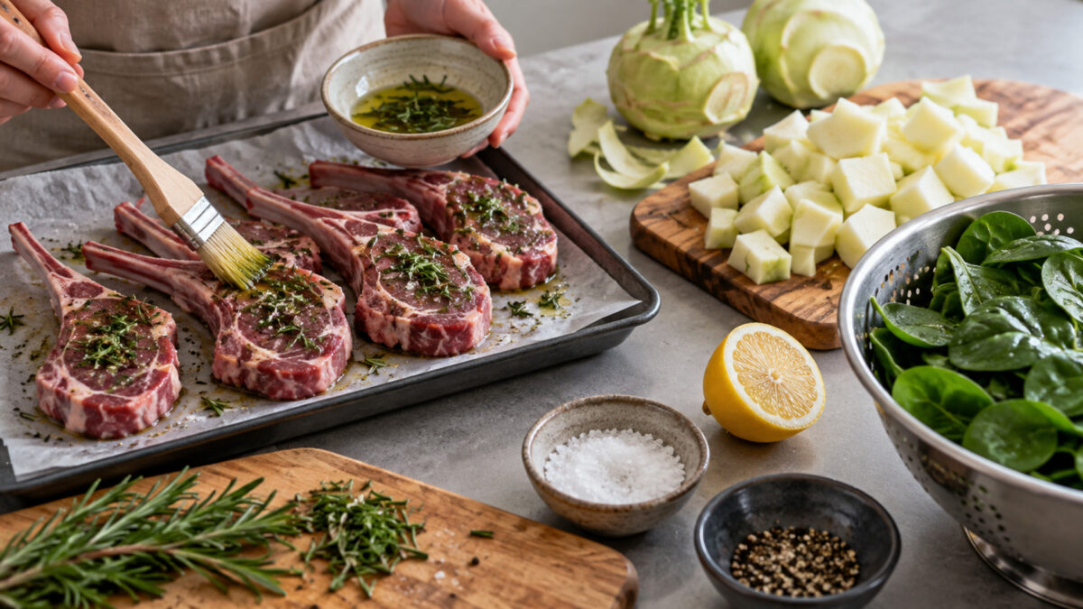 Rosmarin-Lammkoteletts mit Kohlrabistampf und Blattspinat
