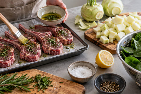 Rosmarin-Lammkoteletts mit Kohlrabistampf und Blattspinat