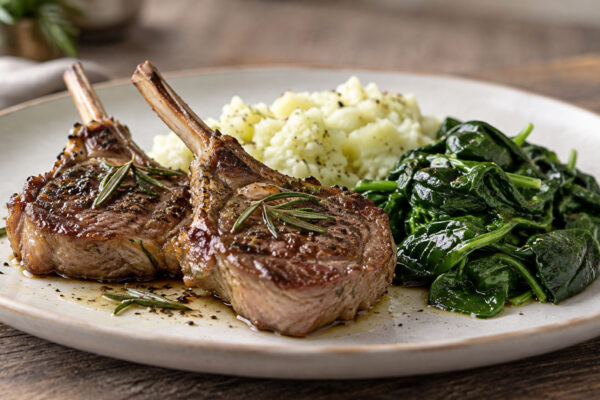 Rosmarin-Lammkoteletts mit Kohlrabistampf und Blattspinat