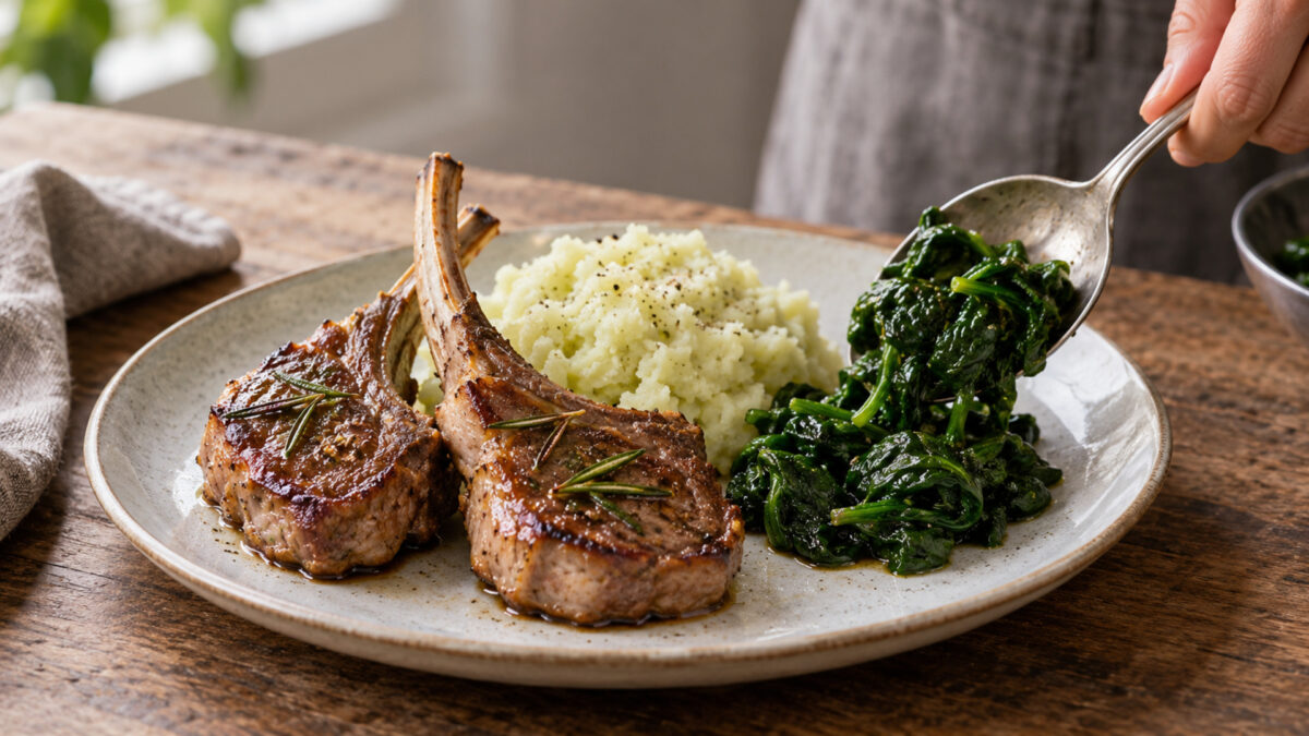 Rosmarin-Lammkoteletts mit Kohlrabistampf und Blattspinat