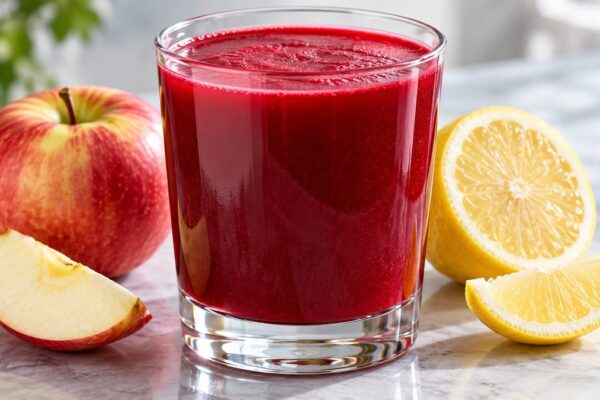 Rote-Bete-Apfel-Drink: Fertiges Getränk als zentrales Hauptmotiv.