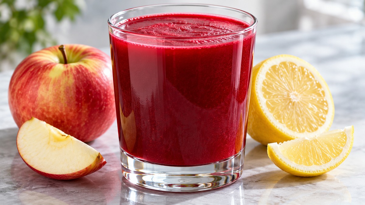 Rote-Bete-Apfel-Drink: Fertiges Getränk als zentrales Hauptmotiv.