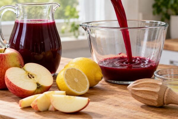Rote-Bete-Apfel-Drink: Verwendete Zutaten und nachvollziehbare Vorbereitung.