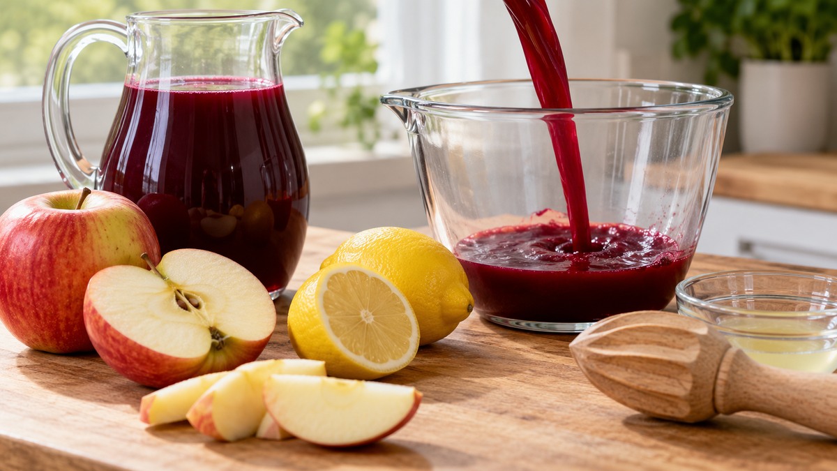 Rote-Bete-Apfel-Drink: Verwendete Zutaten und nachvollziehbare Vorbereitung.
