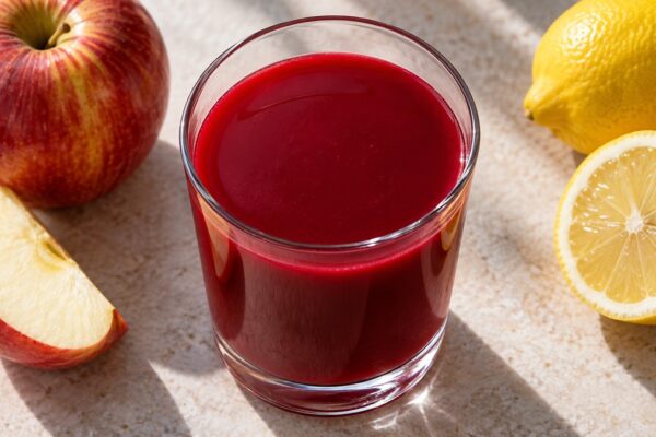Rote-Bete-Apfel-Drink: Fertiges Getränk aus einer alternativen Perspektive.