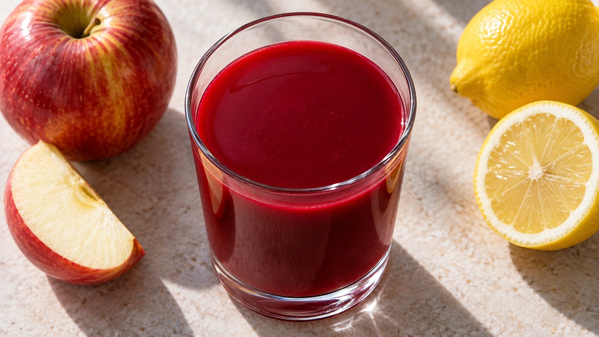 Rote-Bete-Apfel-Drink: Fertiges Getränk aus einer alternativen Perspektive.