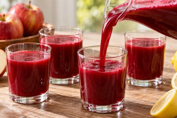 Rote-Bete-Apfel-Drink: Alternative Anrichtung oder aktive Servierszene.