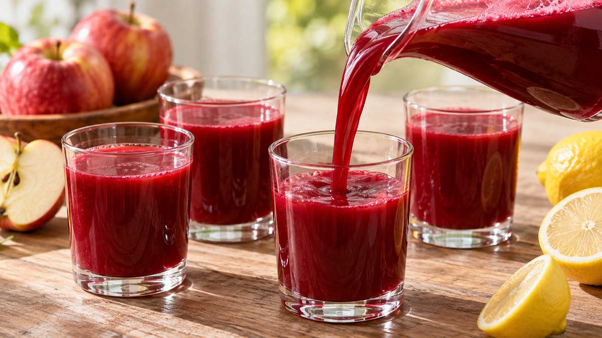 Rote-Bete-Apfel-Drink: Alternative Anrichtung oder aktive Servierszene.