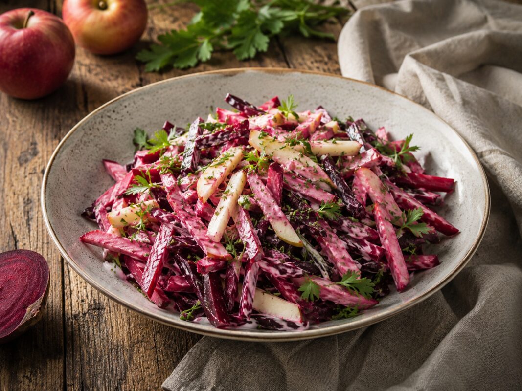 Große flache Schale mit rot-rosa Rote-Bete-Apfel-Salat und Kräutern.