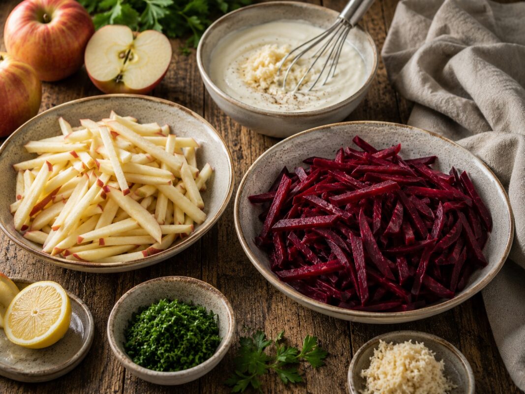 Zutaten- und Vorbereitungsansicht mit Roter Bete, Äpfeln, pflanzlicher Creme, Meerrettich, Zitrone und Kräutern.