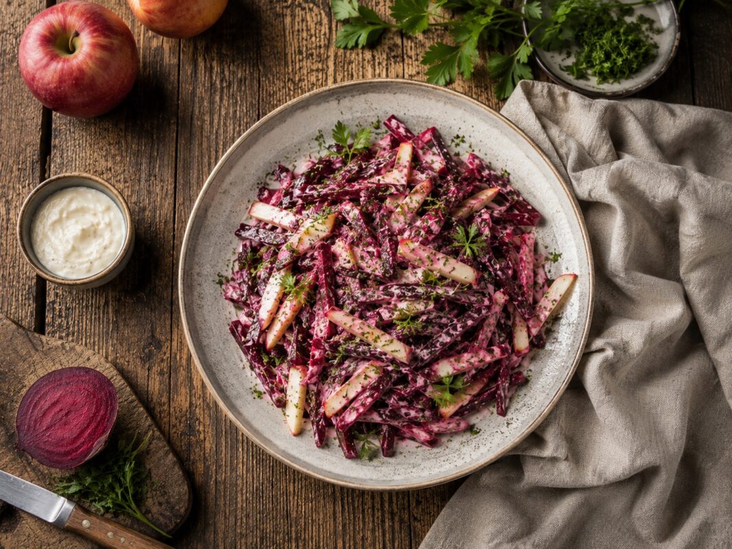 Draufsicht auf den fertigen Rote-Bete-Apfel-Salat mit Meerrettich in heller Schale, cremig gebunden und mit Kräutern bestreut.