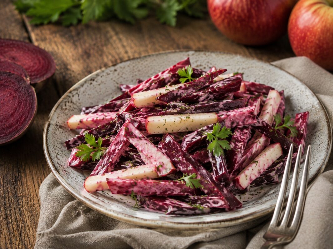 Nahe Servieransicht des fertigen Rote-Bete-Apfel-Salats mit Apfelstiften, Roter Bete und cremigem Meerrettich-Dressing.