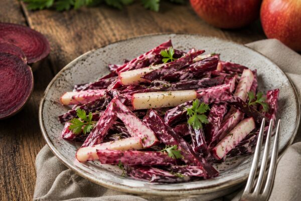 Nahe Servieransicht des fertigen Rote-Bete-Apfel-Salats mit Apfelstiften, Roter Bete und cremigem Meerrettich-Dressing.