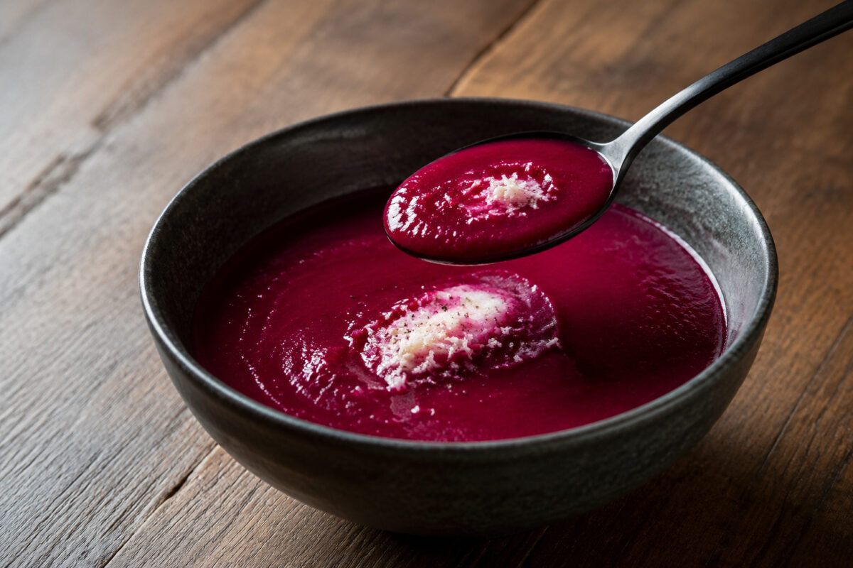 Servierszene mit dem fertigen Gericht. Rezept: Rote-Bete-Apfel-Suppe mit Meerrettich