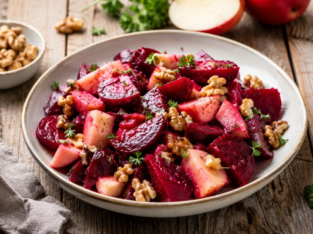Leuchtender Salat mit roten Rote-Bete-Stücken, hellen Apfelstücken und Walnusshälften auf einem hellen Teller.