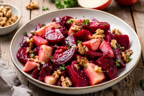 Leuchtender Salat mit roten Rote-Bete-Stücken, hellen Apfelstücken und Walnusshälften auf einem hellen Teller.