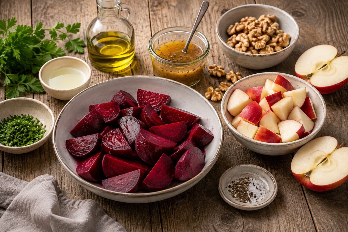 Rustikale Mise-en-place mit gegarter Roter Bete, Apfelstücken, Walnüssen, Petersilie, Olivenöl, Zitronensaft und vorbereitetem Dressing.