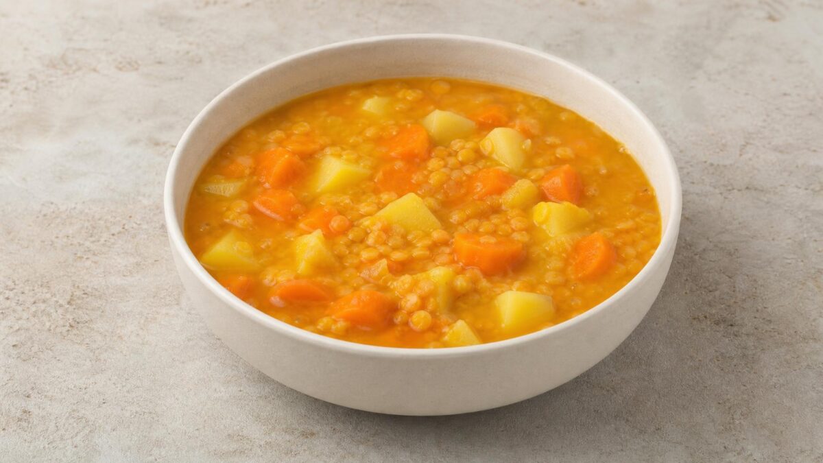Hauptansicht des fertigen Gerichts. Rezept: Rote Linsensuppe mit Möhren und Kartoffeln