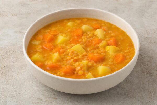 Hauptansicht des fertigen Gerichts. Rezept: Rote Linsensuppe mit Möhren und Kartoffeln