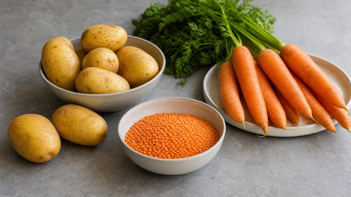 Zutaten- und Vorbereitungsansicht zum Rezept. Rezept: Rote Linsensuppe mit Möhren und Kartoffeln