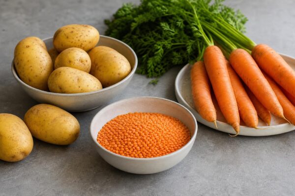 Zutaten- und Vorbereitungsansicht zum Rezept. Rezept: Rote Linsensuppe mit Möhren und Kartoffeln
