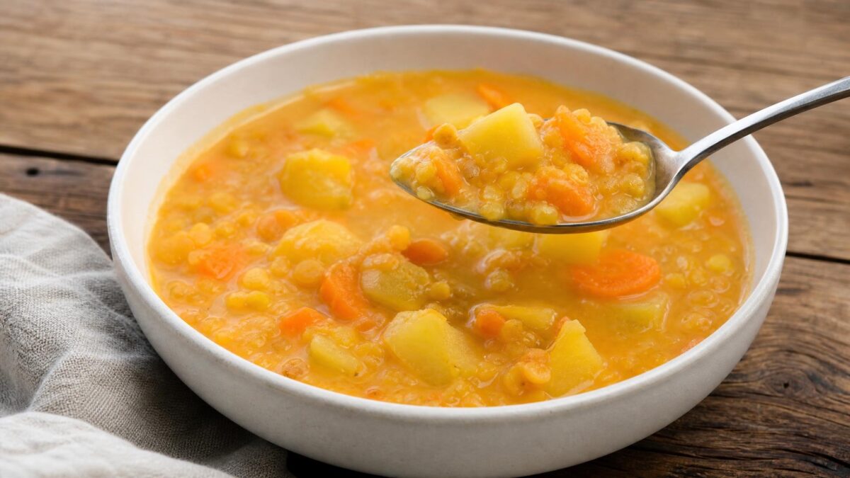 Servierszene mit dem fertigen Gericht. Rezept: Rote Linsensuppe mit Möhren und Kartoffeln