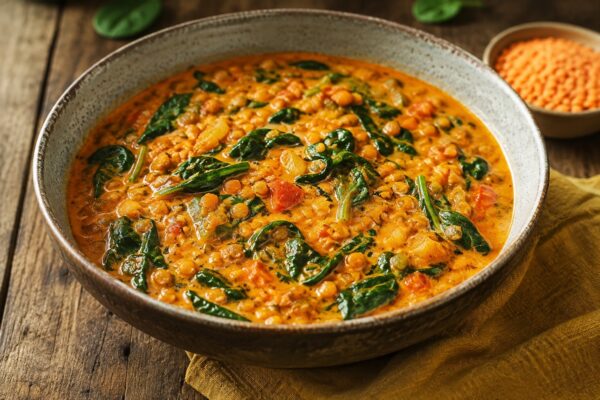 Rotes Linsen-Kokos-Curry mit Spinat