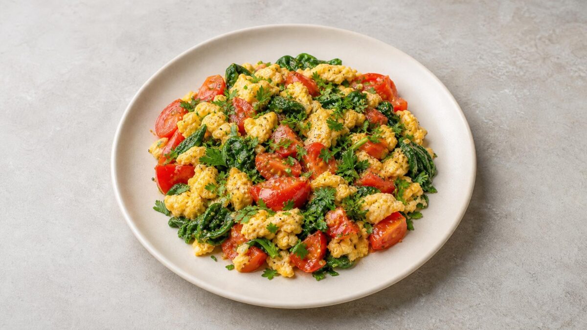 Hauptansicht des fertigen Gerichts. Rezept: Rührei mit Tomaten, Spinat und Kräutern