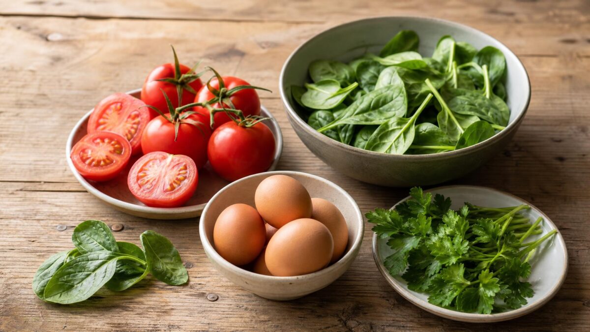 Zutaten- und Vorbereitungsansicht zum Rezept. Rezept: Rührei mit Tomaten, Spinat und Kräutern
