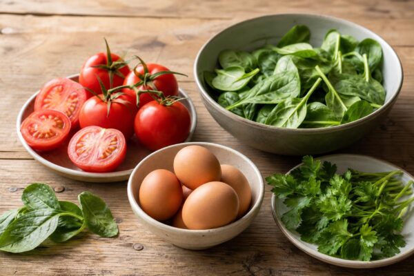 Zutaten- und Vorbereitungsansicht zum Rezept. Rezept: Rührei mit Tomaten, Spinat und Kräutern