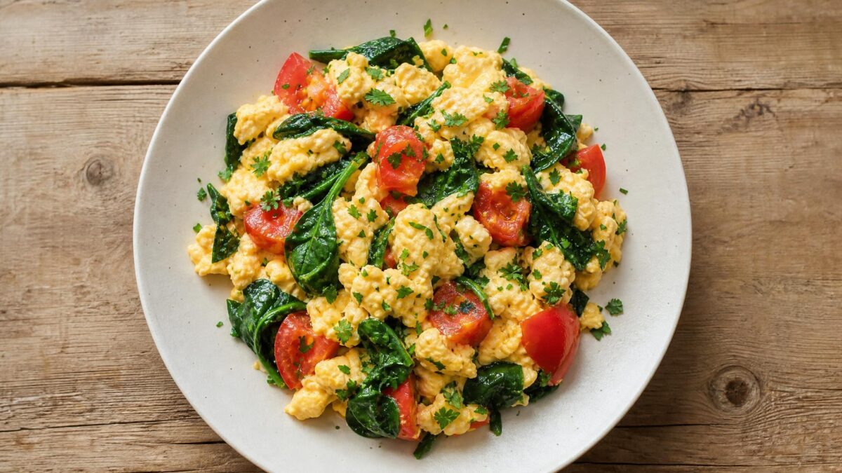 Fertiges Gericht aus einer alternativen Perspektive. Rezept: Rührei mit Tomaten, Spinat und Kräutern